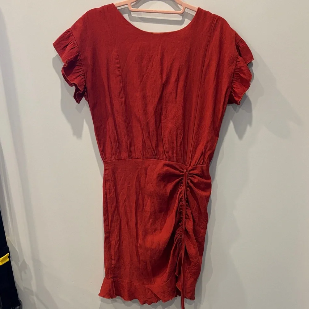 *Windsor Red Ruffle Sleeve Ruched Drawstring Mini Dress S - Picture 3 of 10